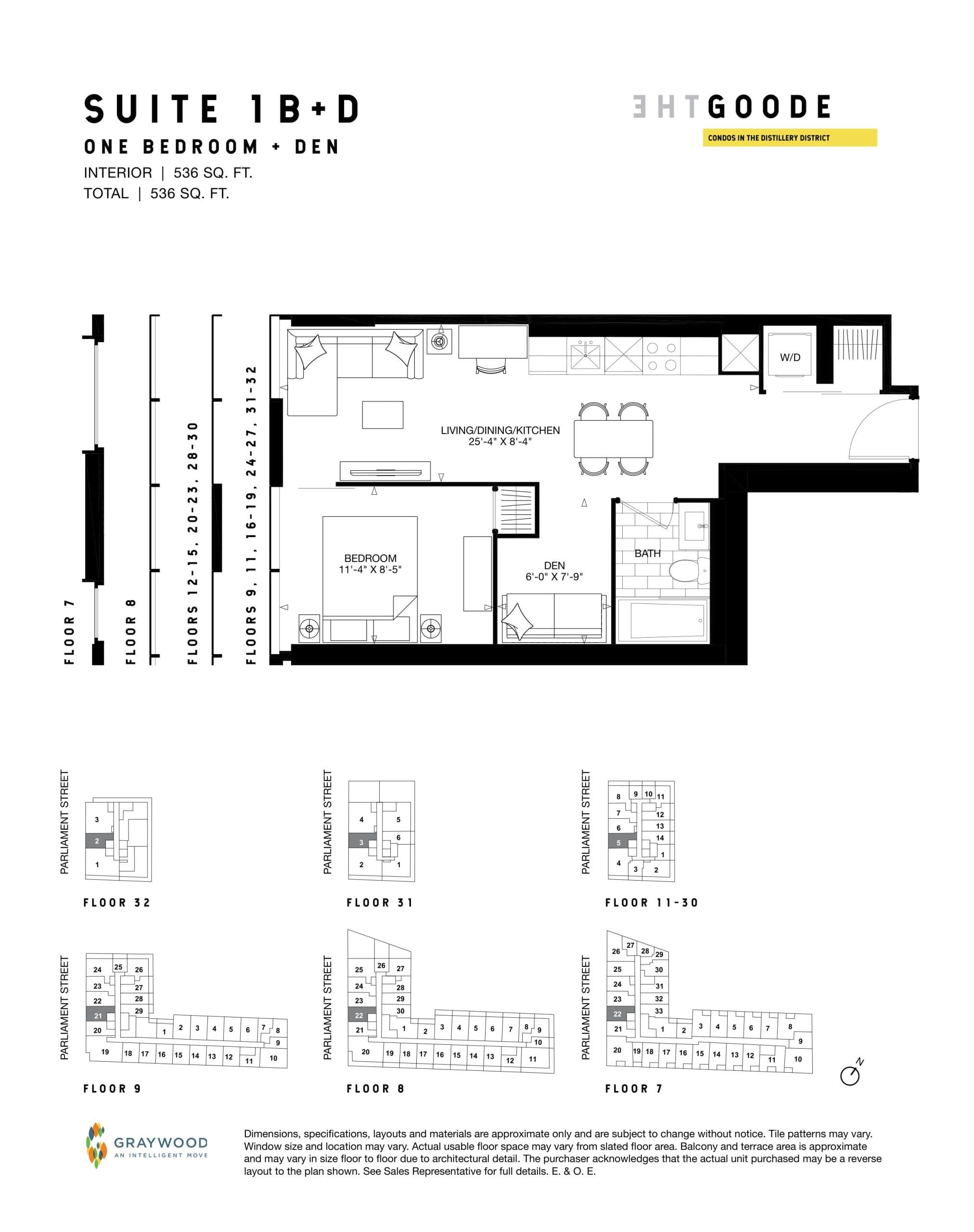 Suite 1B+D Floor Plan at The Goode Condos - 536 sq.ft