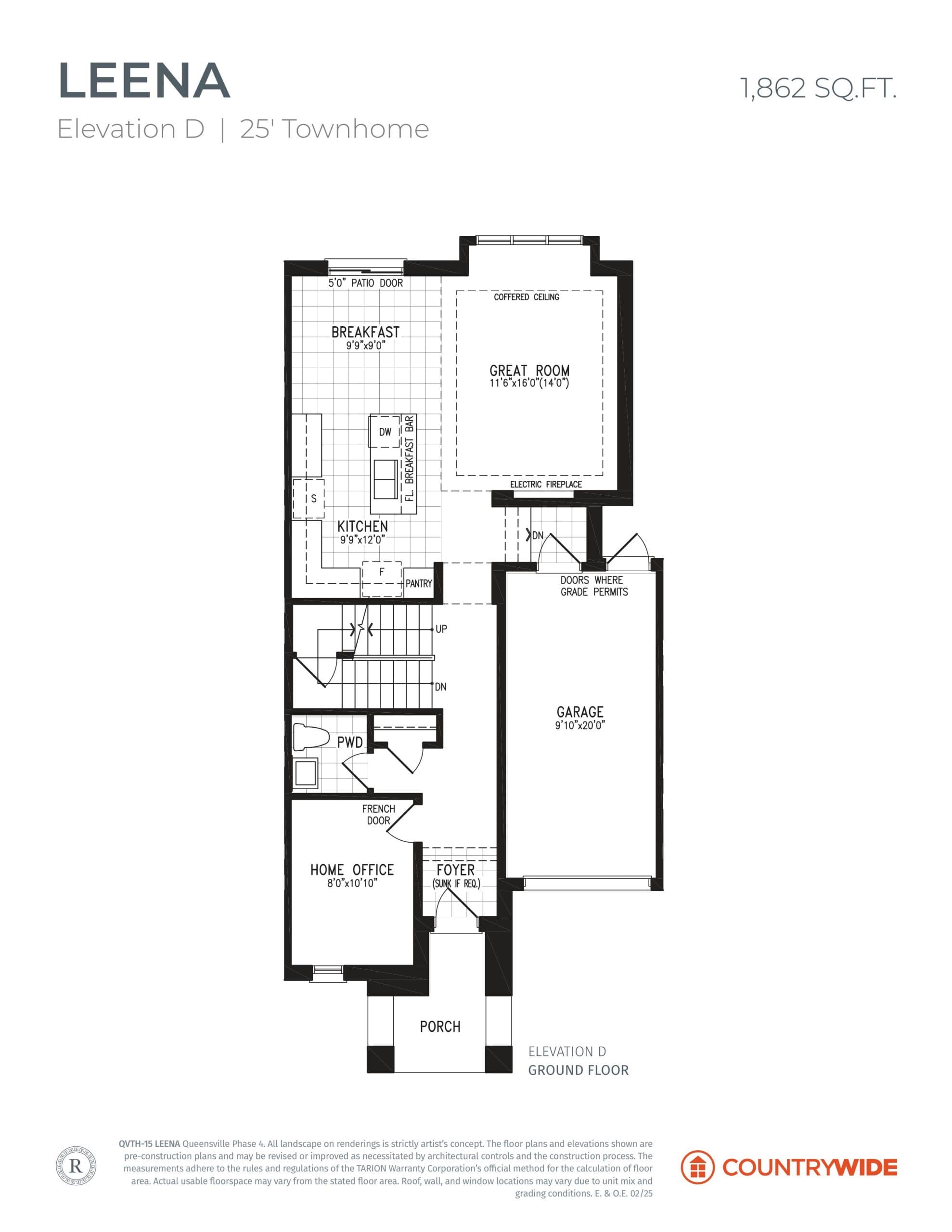 Leena - Elevation D Floor Plan at Queensville Homes by CountryWide - Towns - 1862 sq.ft