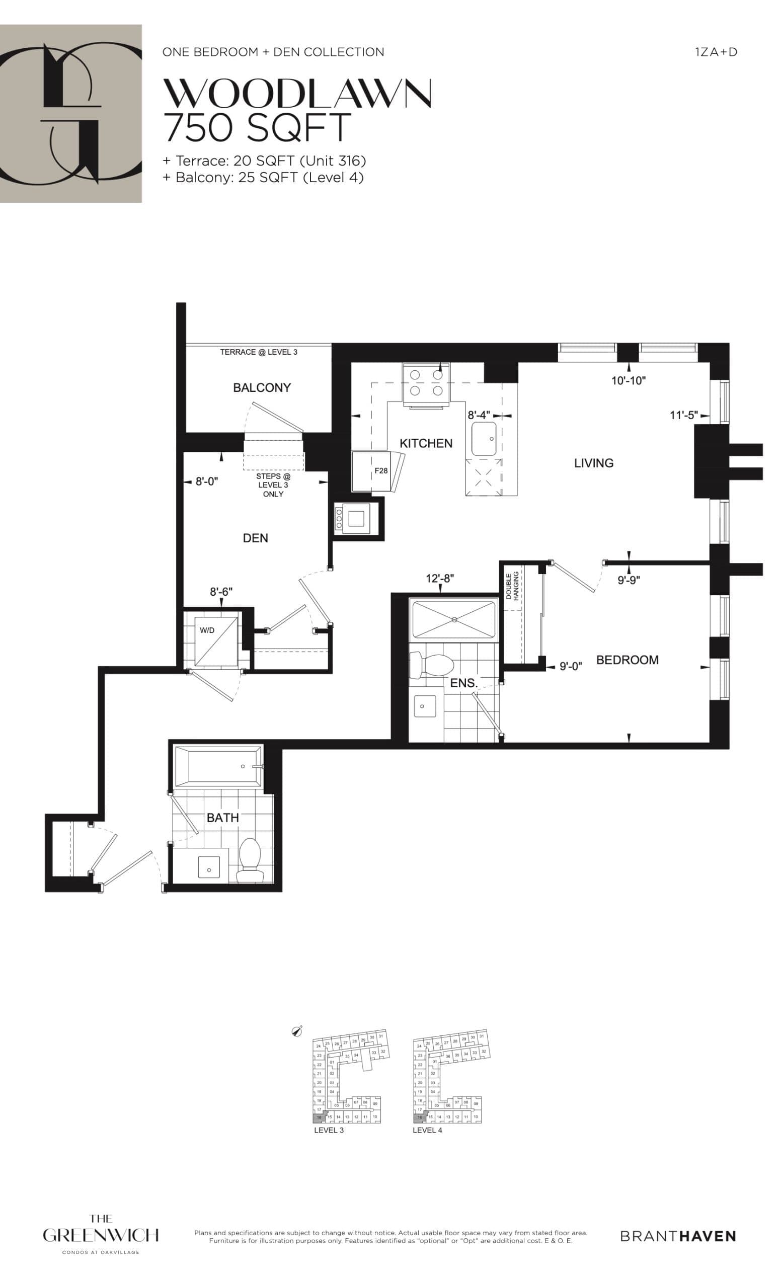 Woodlawn Floor Plan at The Greenwich Condos at Oakvillage - 750 sq.ft